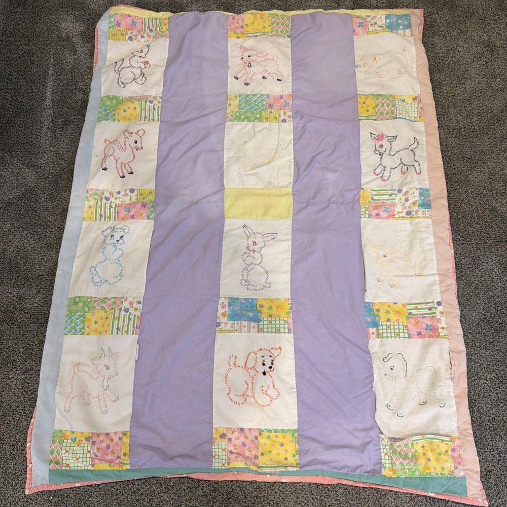 Vintage Handmade Embroidered‎ Baby Quilt